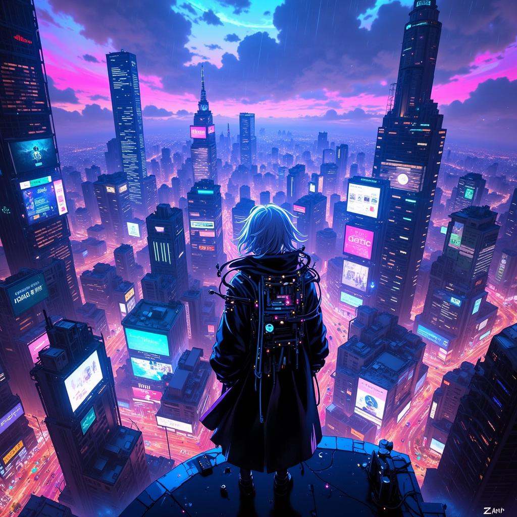 3pic_vist4,  anime_martz,  A lone figure stands on a rooftop overlooking a sprawling on Tensor.Art
