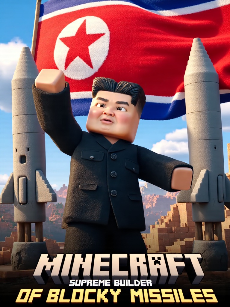 Movie poster for "Minecraft: Rocket Realm",  featuring a blocky Kim Jong Un character with distinctive cubic haircut in a...