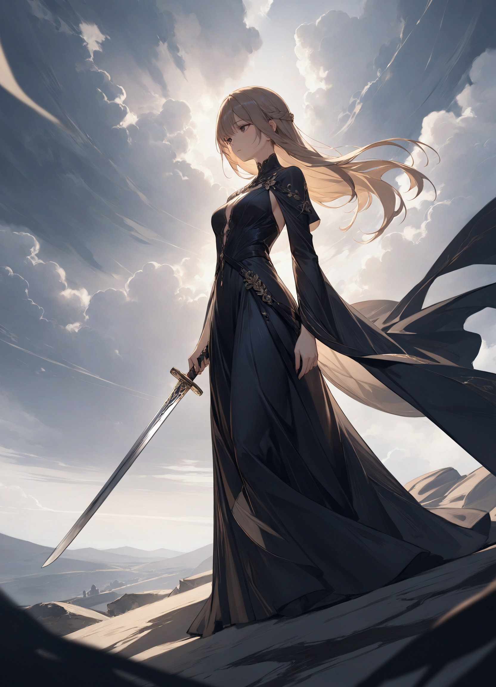 The image depicts a figure dressed in a dark, flowing gown, holding a sword. The subject is positioned against a backdrop that appears to be a cloudy sky, suggesting an outdoor setting. The lighting in the photograph is soft and diffused, likely natural light, which casts gentle shadows and highlights the textures of the gown and the sword. The camera angle is slightly elevated, providing a view that looks down upon the figure, emphasizing the grandeur and solemnity of the scene. The depth of field is shallow, with the focus sharply on the figure and the sword, while the background is slightly blurred, creating a sense of depth and drawing attention to the central subject.