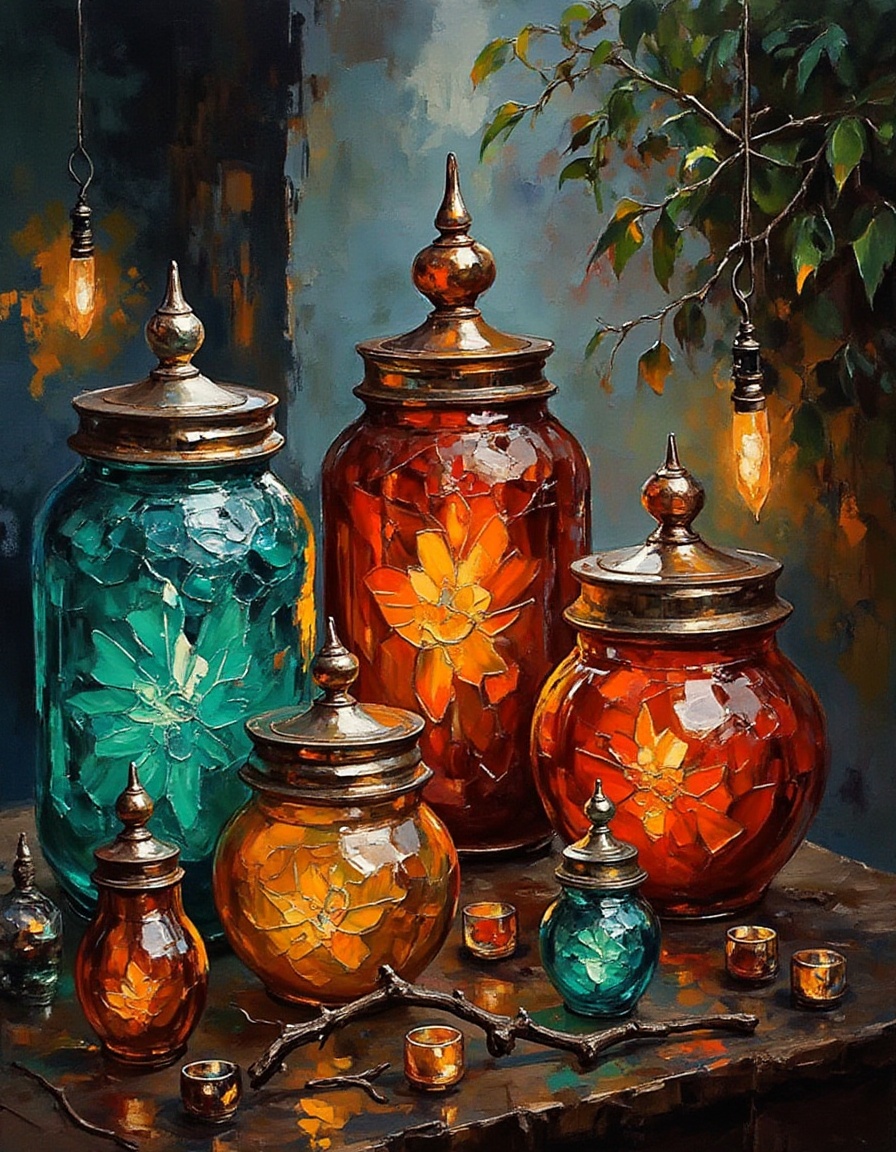 A dibrshstrk style painting,  ,  Create an image of a collection of various glass jars and pots in rich on Tensor.Art