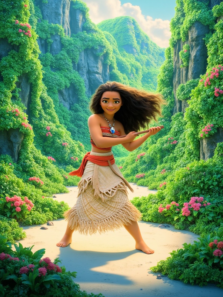 A cinematic and vibrant photograph of Moana set in a lush,  tropical Polynesian landscape with intricate foliage and subtl...