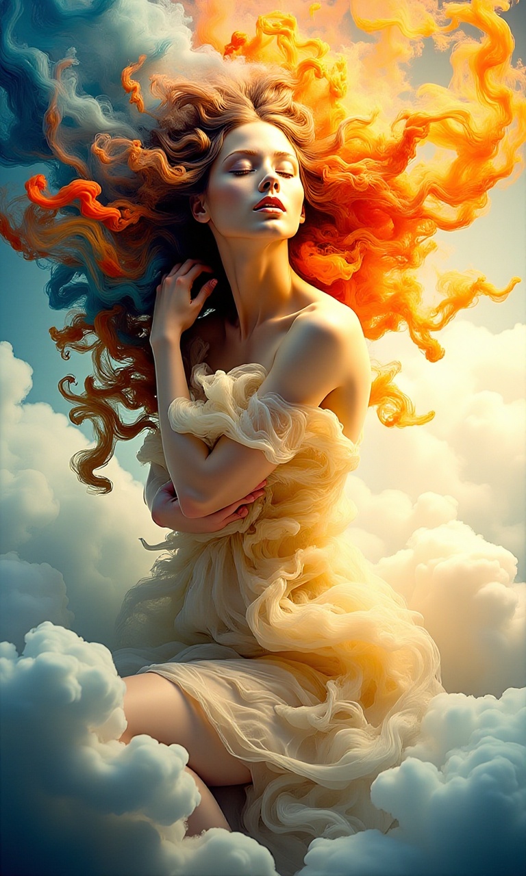 Watercolor painting of a woman embodying affection,  inspiration drawn from the styles of Luis Royo,  Thomas Kinkade on Te...