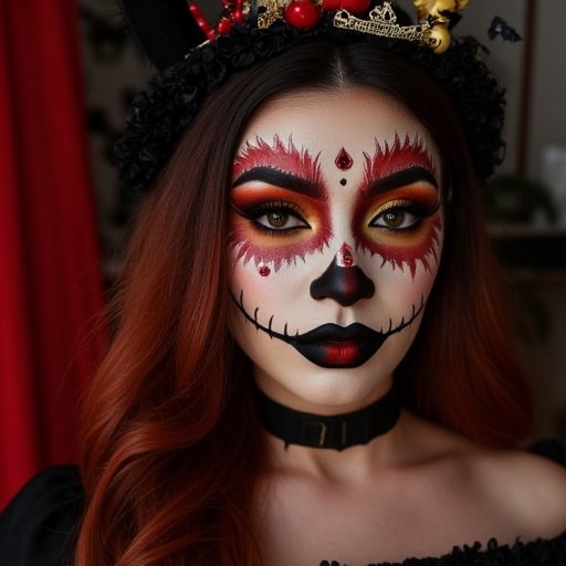 A woman in a Halloween costume with detailed face makeup by KurtC PhotoEd on Tensor.Art