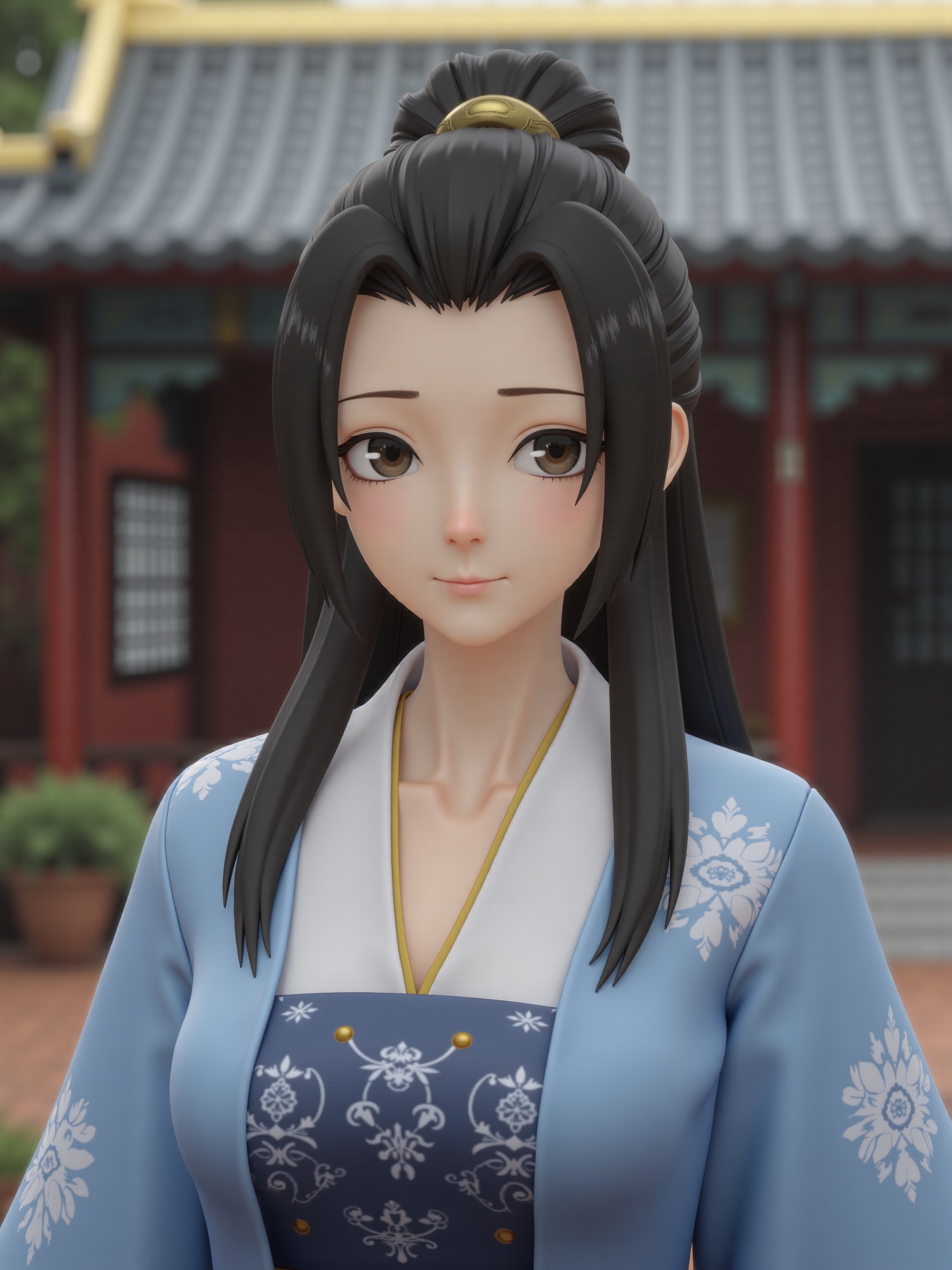 3D style,A girl is wearing blue Chinese clothes outdoors,black hair,black eyes,upper body,smile,