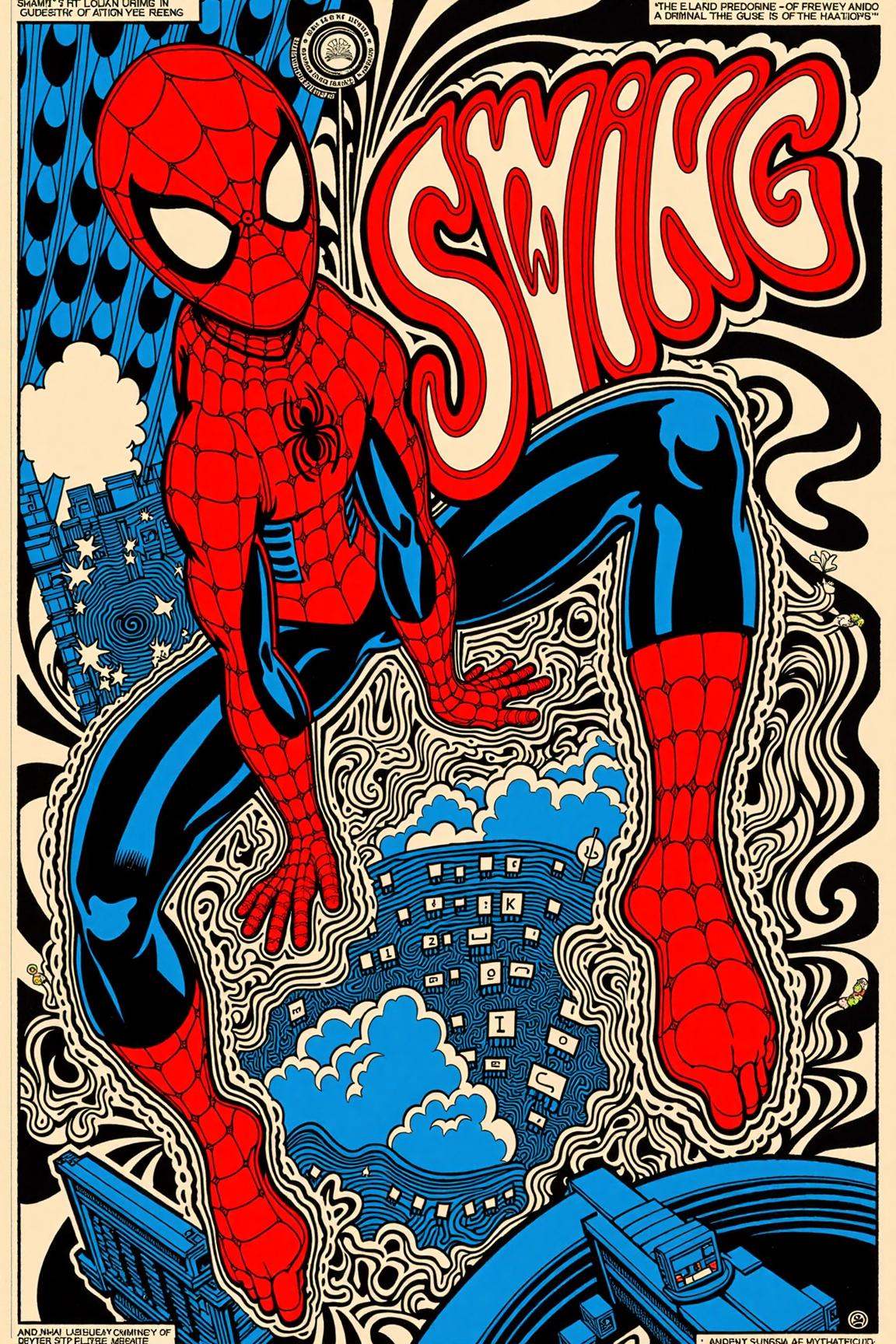 psypop,  70s psychedelic style poster of a "Spider-Man Swing" psychedelic 1970s pop art poster,  vibrant Spider-Man swingi...