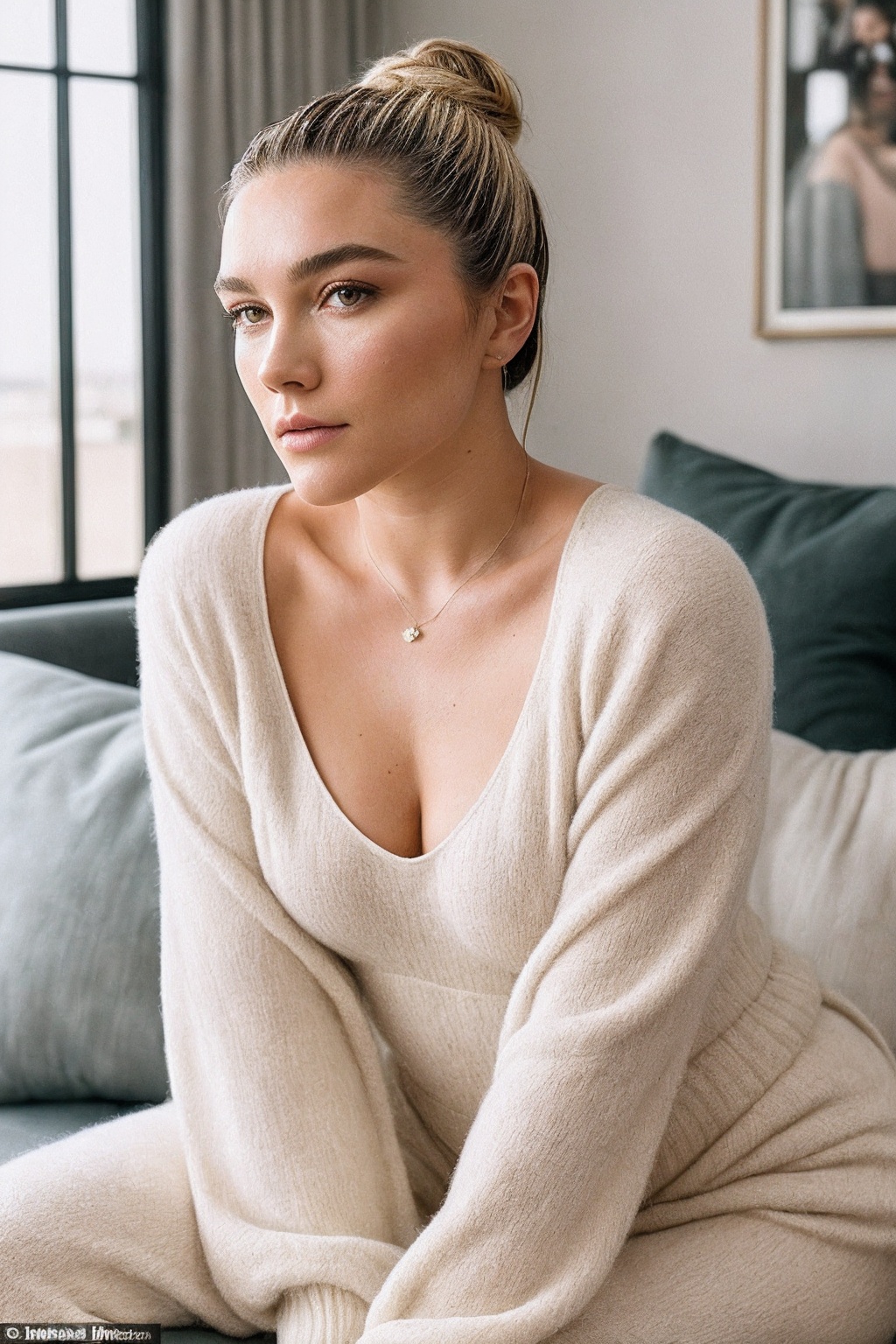 FlorenceP_SoloTI_v1,  (In a cozy oversized sweater and soft joggers,  her hair is loosely tied in a messy bun on Tensor.Art