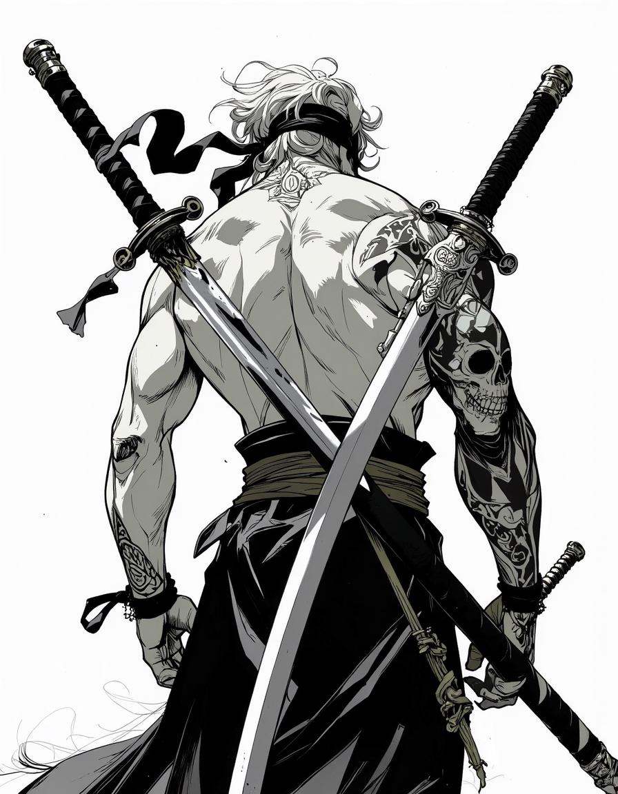 Anime style. This is a high-contrast,  black-and-white digital illustration of a muscular,  shirtless man in a dynamic on...