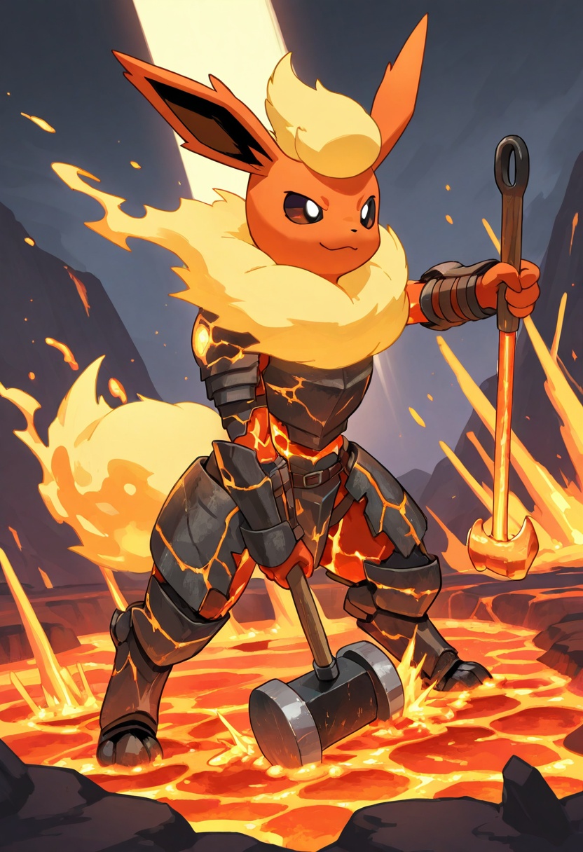flareon blacksmith forge,  lava river workshop,  molten metal tail hammer on Tensor.Art