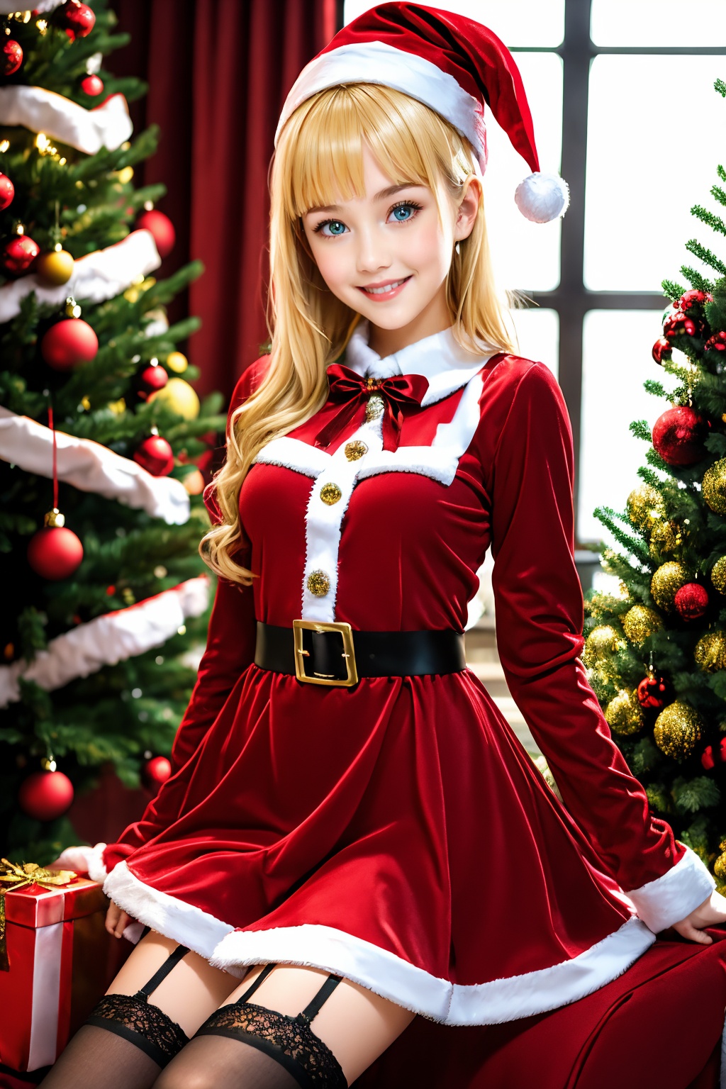 <lora:AgainChristmas_v1:1>, 1girl, solo, christmas tree, blonde hair, belt, santa hat, christmas, dress, thighhighs, smile, looking at viewer, red dress, blush, garter straps, red headwear, window, blue eyes, cowboy shot, indoors, long sleeves,
