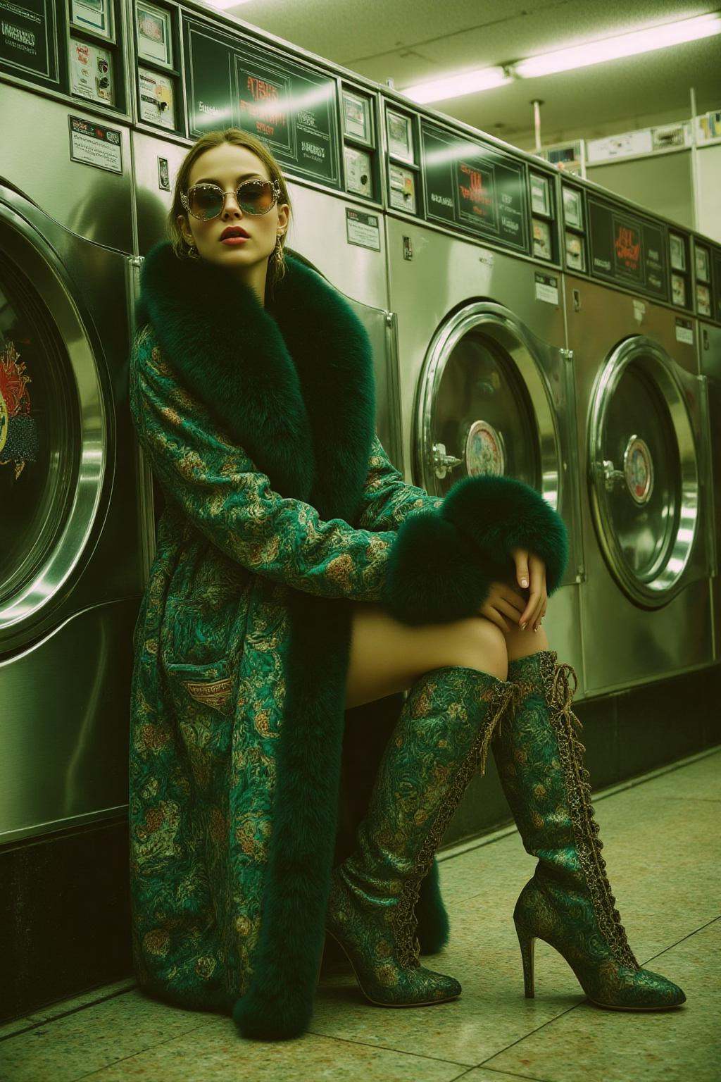 midjourney photograph.A French woman is sitting at a laundromat,  dressed in an elaborate outfit. She is wearing oversized...