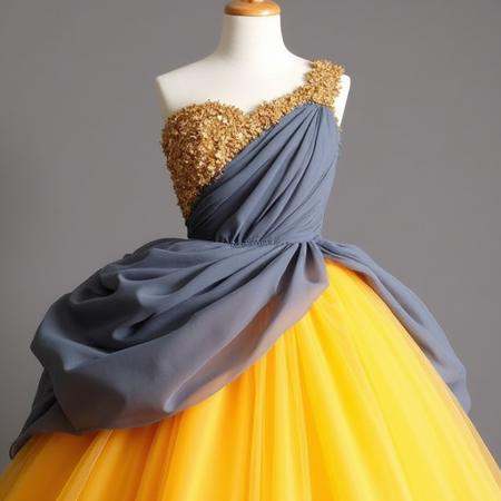 An off-the-shoulder or one-strap ballgown showcased on a mannequin,  combining a steely gray tulle overlay with a vibrant...