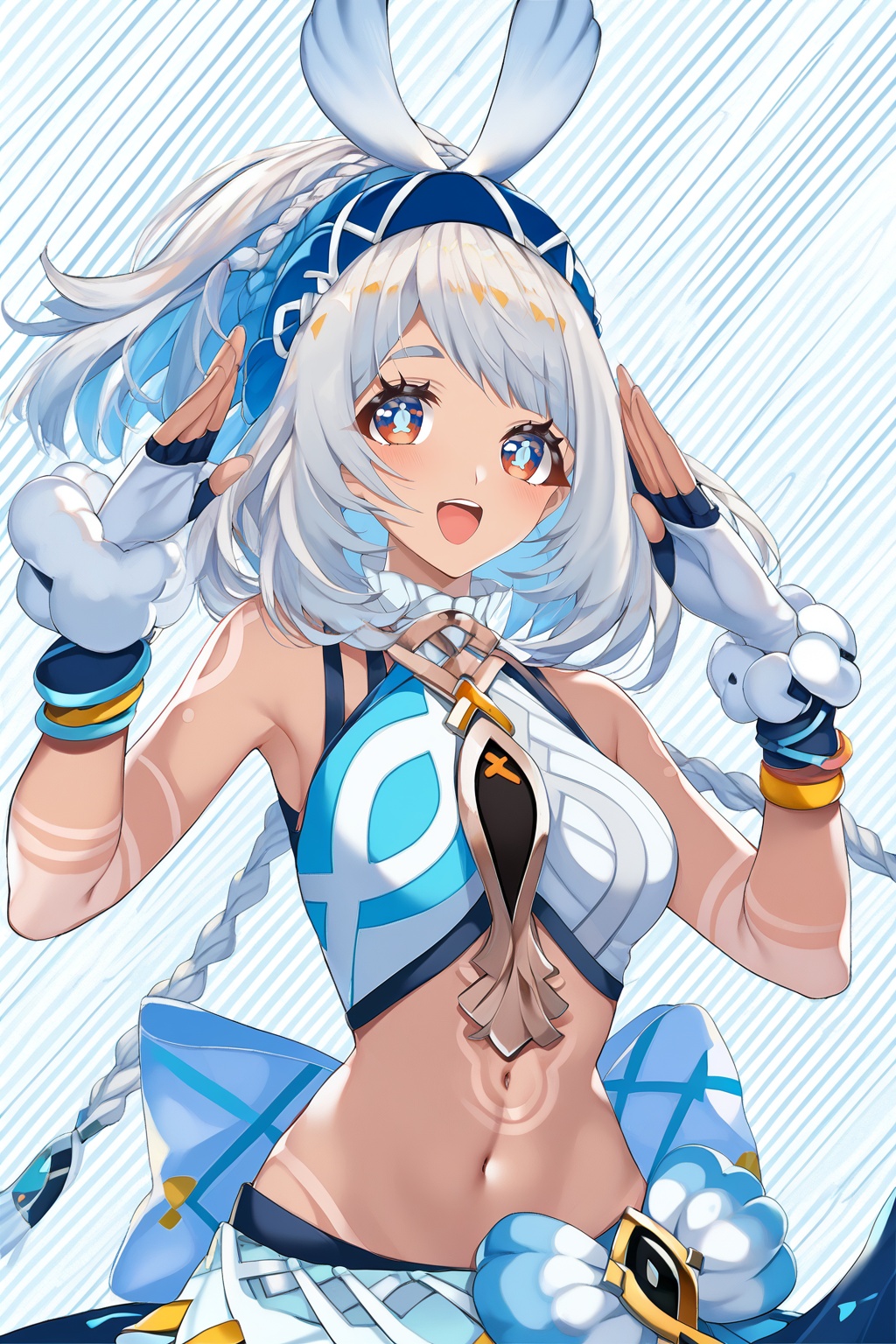 score_9,score_8_up,score_7_up,score_6_up,score_5_up,score_4_up,source_anime,source_cartoon,<lora:mualaniTUPONYXL-000001:1>,mualani \(genshin impact\),1girl,solo,one eye closed,fingerless gloves,white hair,navel,red eyes,dark skin,breasts,looking at viewer,midriff,salute,open mouth,twin braids,blue hairband,bare shoulders,headband,crop top,fish-shaped pupils,white swimsuit,bunny hair ornament,