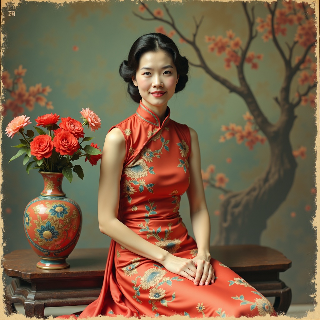 there is a woman sitting on a bench with a vase of flowers,vintage technicolor film photo,vivid vintage coloring,traditional chinese clothing,ann long,chinese dress,cheongsam,1930s style clothing,wearing a red cheongsam,cinestill eastmancolor,8k artistic 1920s photography,palace,a girl in hanfu,vintage color photo,vintage color,color vintage,old color photograph,1940's photography,wearing ancient chinese clothes,traditional chinese,traditional photography,traditional chinese textures,qing dynasty,1930s film,vintage fashion,Zhang Shunzi,a colorized photo,Song Maojin,beautiful oriental woman,retro vintage and romanticism,a young asian woman,chinese woman,beautiful render of tang dynasty,chinese empress,