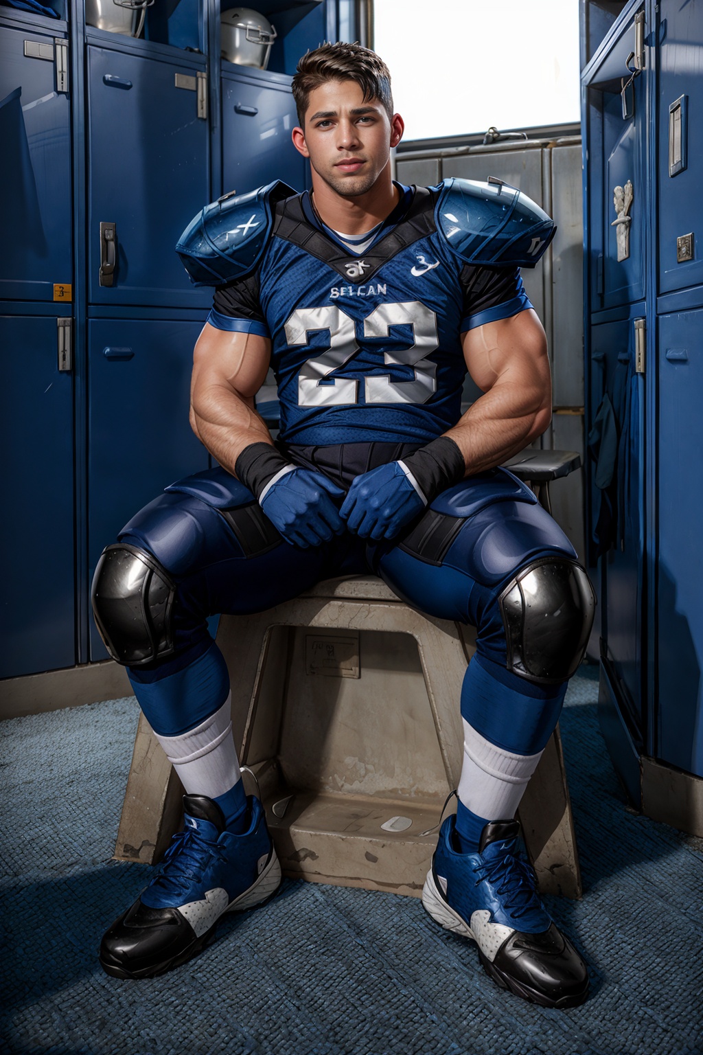 In an American football locker room,  (sitting on a locker room bench),  legs spread open on Tensor.Art