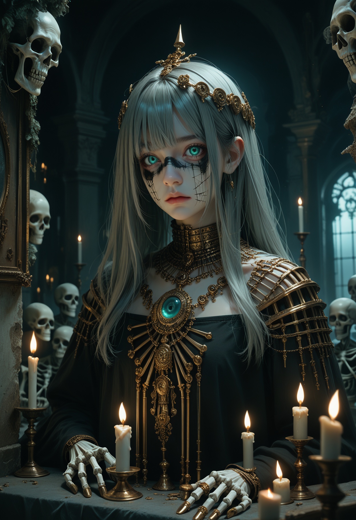 score_9,score_8_up,score_7_up,beast_quality,masterpiece, a dim scene,the walls of skeletons piled up,girl wearing black gauze,gold jewelry,turquoise eyes,gray long hair,air bangs,candlelight,