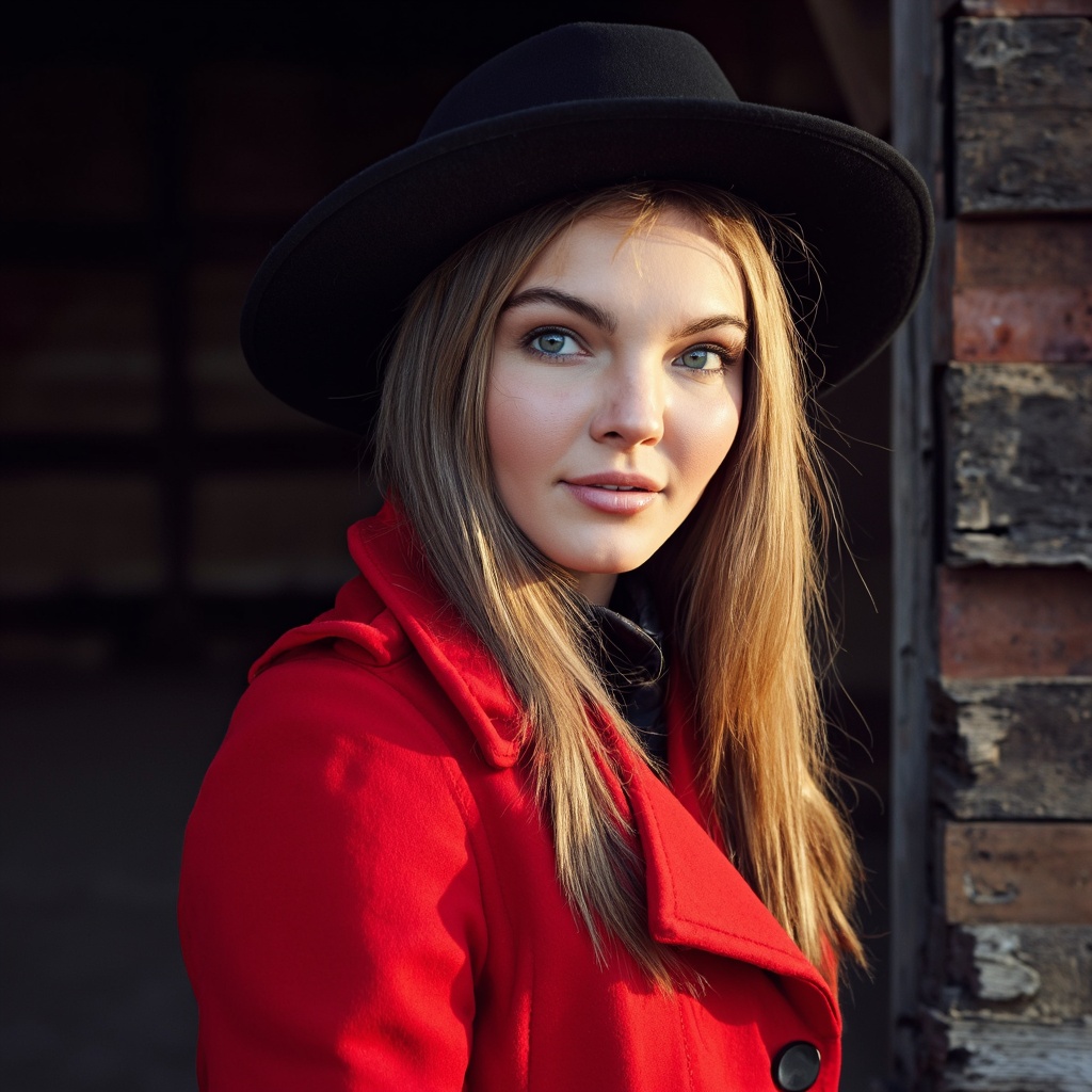A portrait camren_bicondova, captured in a side profile. She wears a black wide-brimmed hat and a vibrant red coat. Her long, straight blonde hair flows down her back, and her striking blue eyes are accentuated by the warm glow of the setting sun. The background is a rustic wooden structure, likely a barn or shed, with visible weathered bricks. The image style is contemporary, emphasizing the subject's natural beauty and the contrast between the dark surroundings and the bright colors of her clothing.