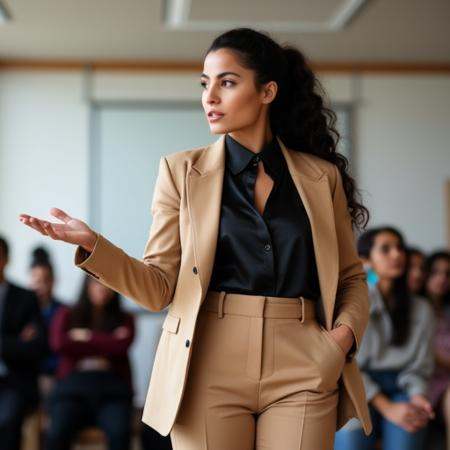 Monalvarez,  full body photograph of a woman giving a presentation in a conference room. She's wearing a beige blazer and...