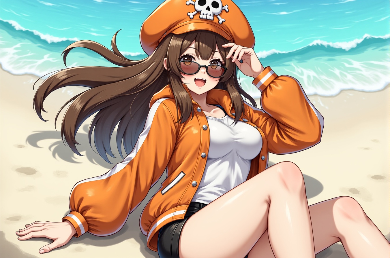 **1gas,  a girl in sunglasses sunbathing under the scorching sun on the beach,  orange jacket on Tensor.Art