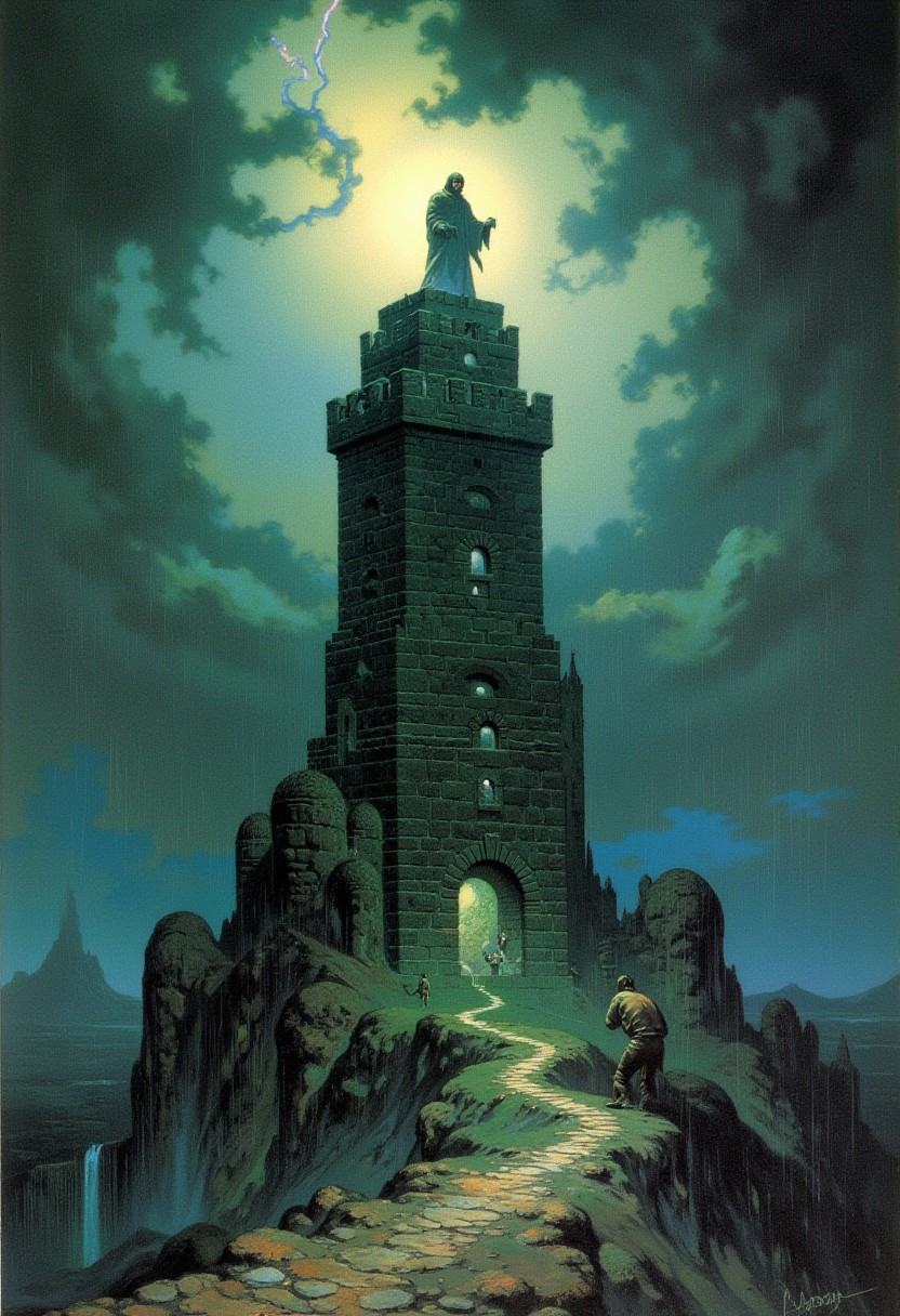 Frank Frazetta surreal fantasy oil painting of a huge foreboding tower made of onyx bricks,  heavy rain and storm clouds i...