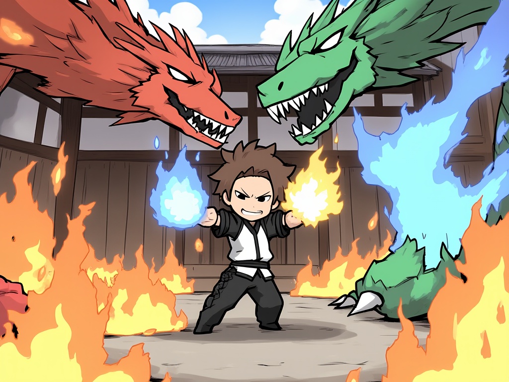 (masterpiece:1.2),(extremely detailed:1.2),(best quality:1.2),(high quality:1.2),(official art:1.2),jbh,Anime-style drawing,A digital illustration in a vibrant,dynamic style featuring a young character with short brown hair and a black and white outfit,wielding a blue and a yellow magical orb. The character is in mid-action,striking a powerful pose with an intense expression. The background showcases a traditional Japanese building with wooden architecture and a tiled roof,illuminated by soft,warm lighting. Two large,menacing dragons are attacking the character; one red with orange flames and the other green with blue flames. The dragons have sharp teeth and claws,and their bodies are coiled around the character. The image has a high level of detail and shading,with a focus on the character's dynamic movement and the dramatic interaction with the dragons. The camera angle is slightly low,emphasizing the character's power and the intensity of the scene.,<lora:简笔画-智灵-9:0.9>,