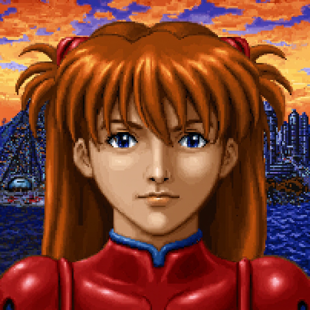 Original HoMM2 style closeup portrait of Asuka Langley. She has twin tails and wears red plugsuit. In the background there...