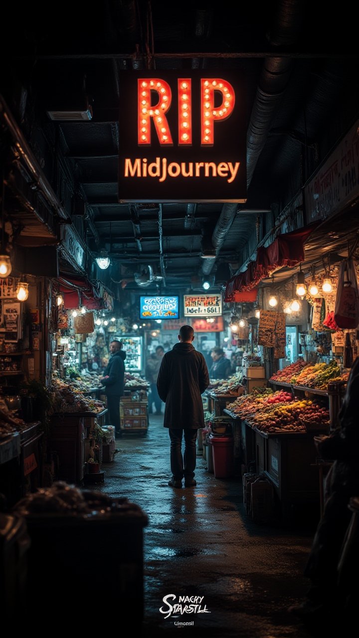 Stunning Poster with Text:"RIP Midjourney",  "1,  2 on Tensor.Art