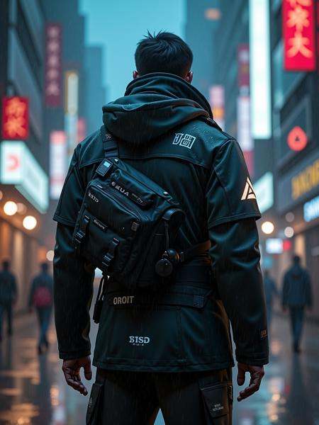 mad-cbrpnkotft01,  man wearing orange outfit standing in the rain of cyberpunk city Hands on hips pose on Tensor.Art