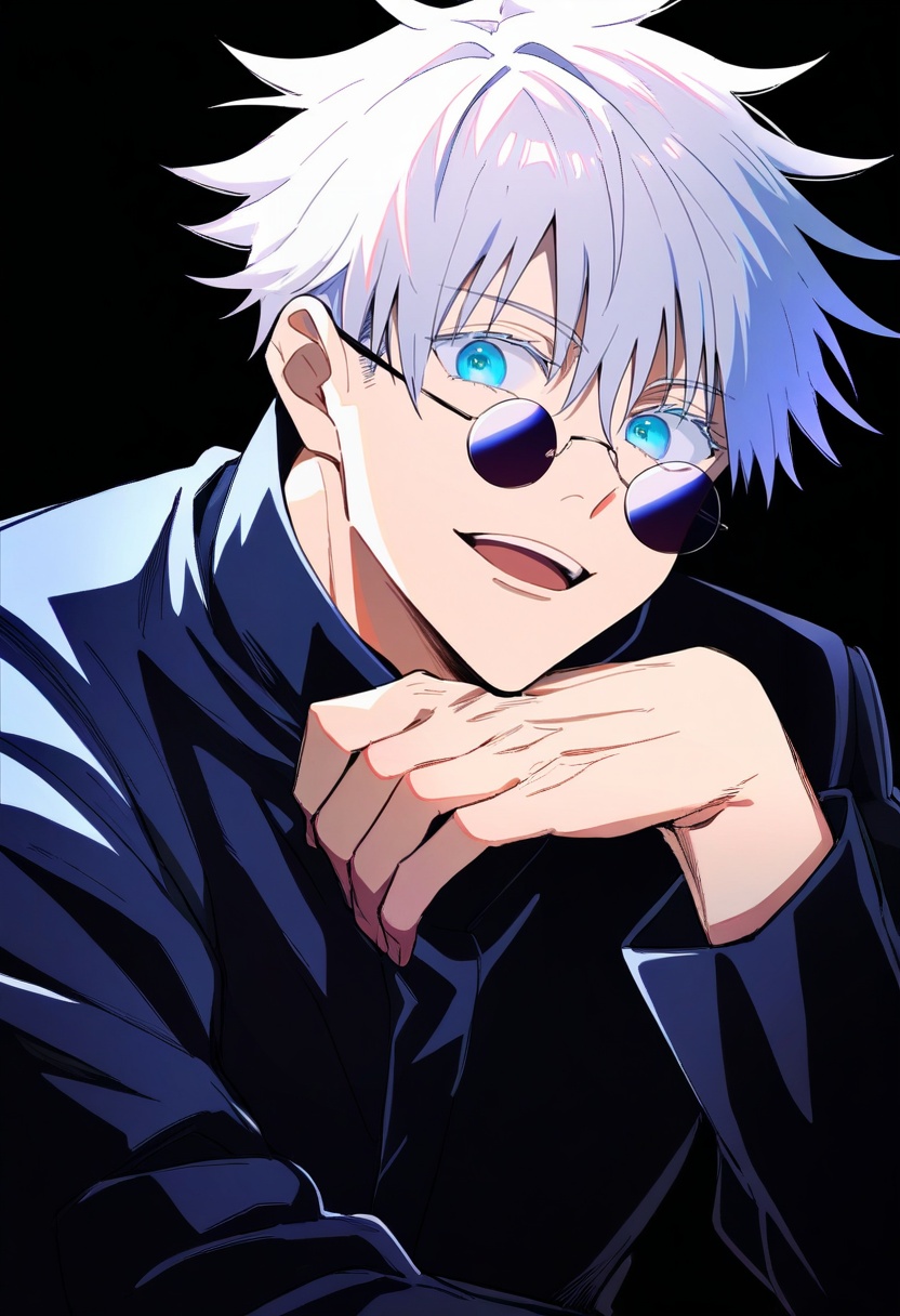 1boy, male focus, gojou satoru, jujutsu kaisen, blue eyes, glasses, hand on own chin, head rest, jujutsu tech uniform, long sleeves, looking at viewer, round eyewear, short hair, solo, teeth, upper body, upper teeth only, white hair,masterpiece, high score, great score, absurdres