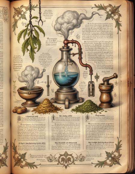 spllbkpg,  The alchemists journal page shows a detailed diagram of a distillation apparatus,  with steam swirling from a c...