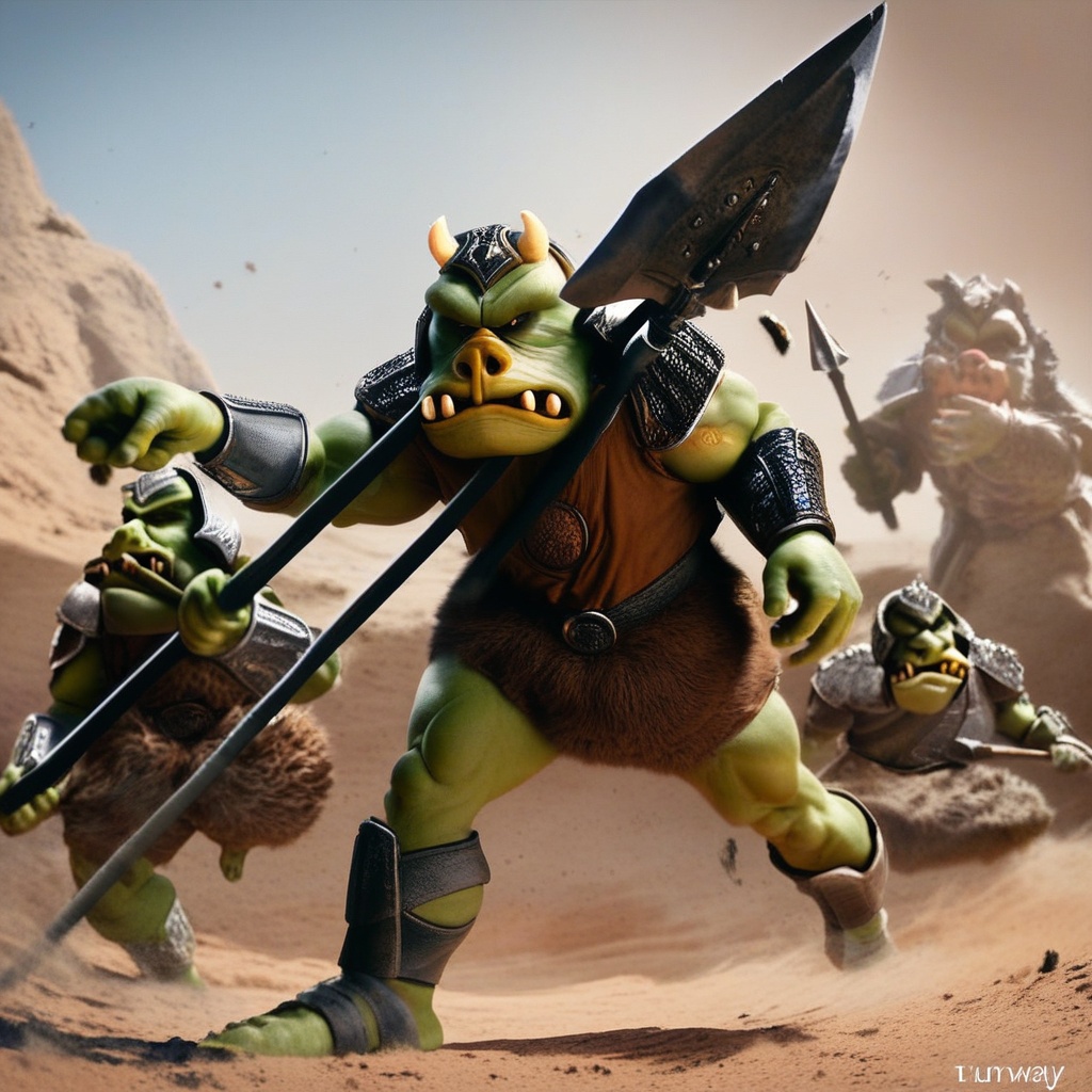 Score_9,  professional high definition photograph,  Gammorean guard in a desert outside a domed Adobe temple on Tensor.Art
