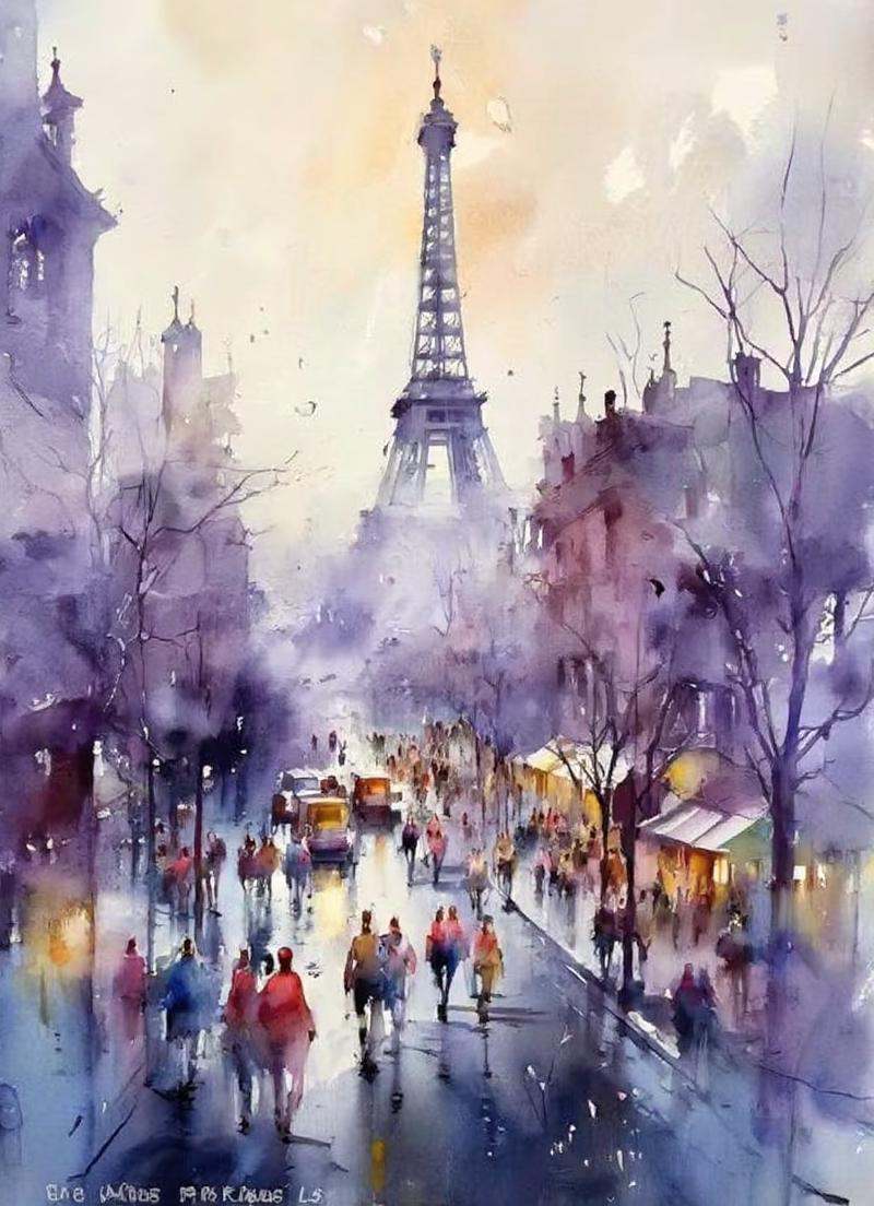 Thomas Schaller,  watercolor style,  Paris street scene on Tensor.Art