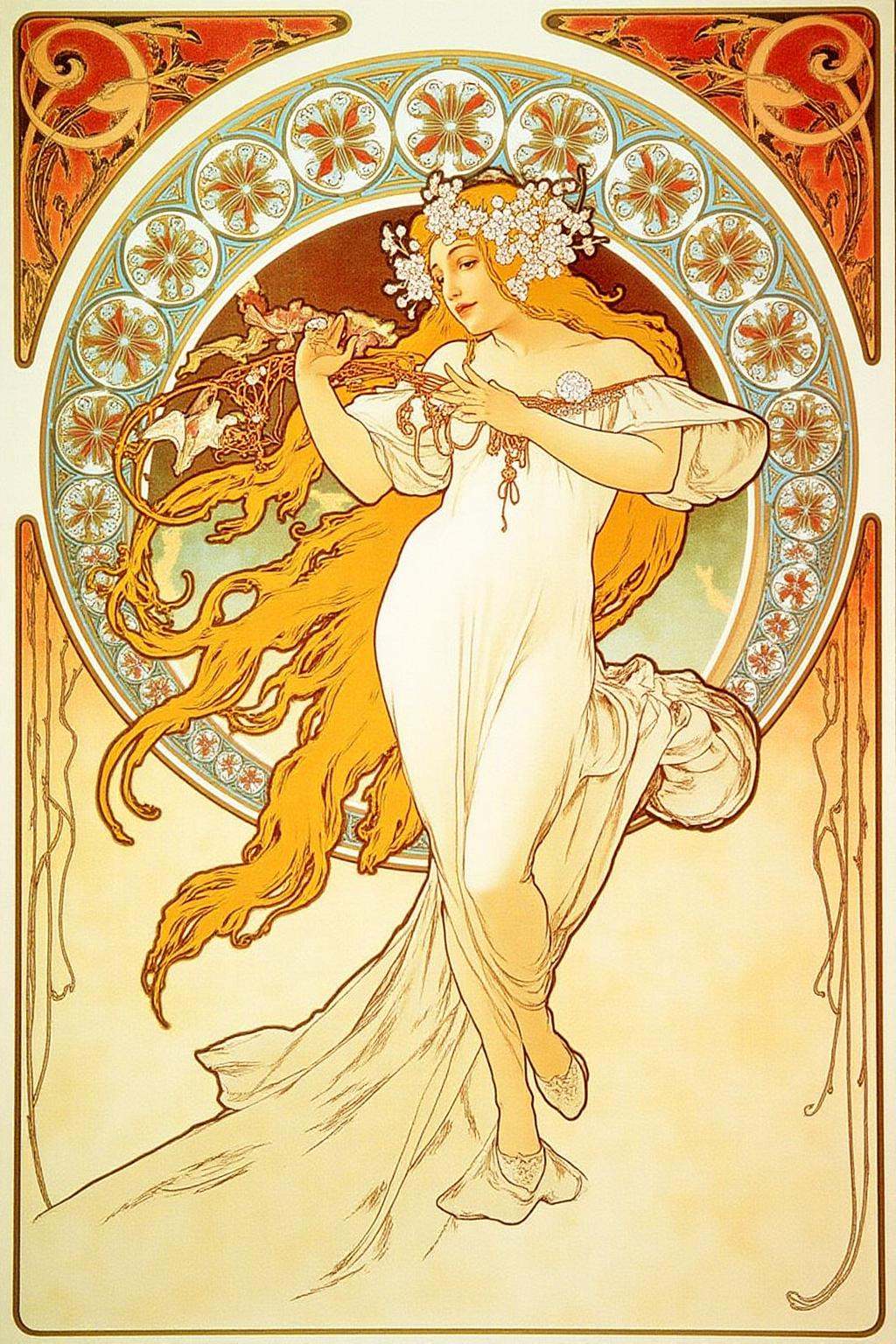 mucha1 illustrationA woman,  with a flowing,  ethereal quality. She is depicted with long on Tensor.Art