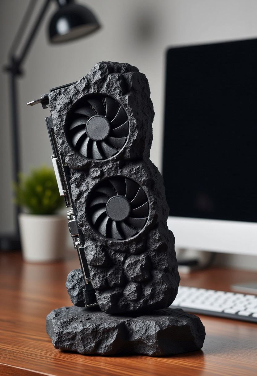 Photograph of a simplistic coal statue of a GPU card for a computer,  next to a desktop computer on an office desk on Tens...
