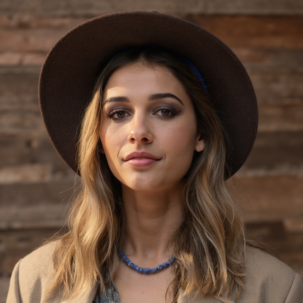 A portrait of naomi_scott,  captured in a side profile. She wears a wide-brimmed brown hat with a blue band,  and her long...