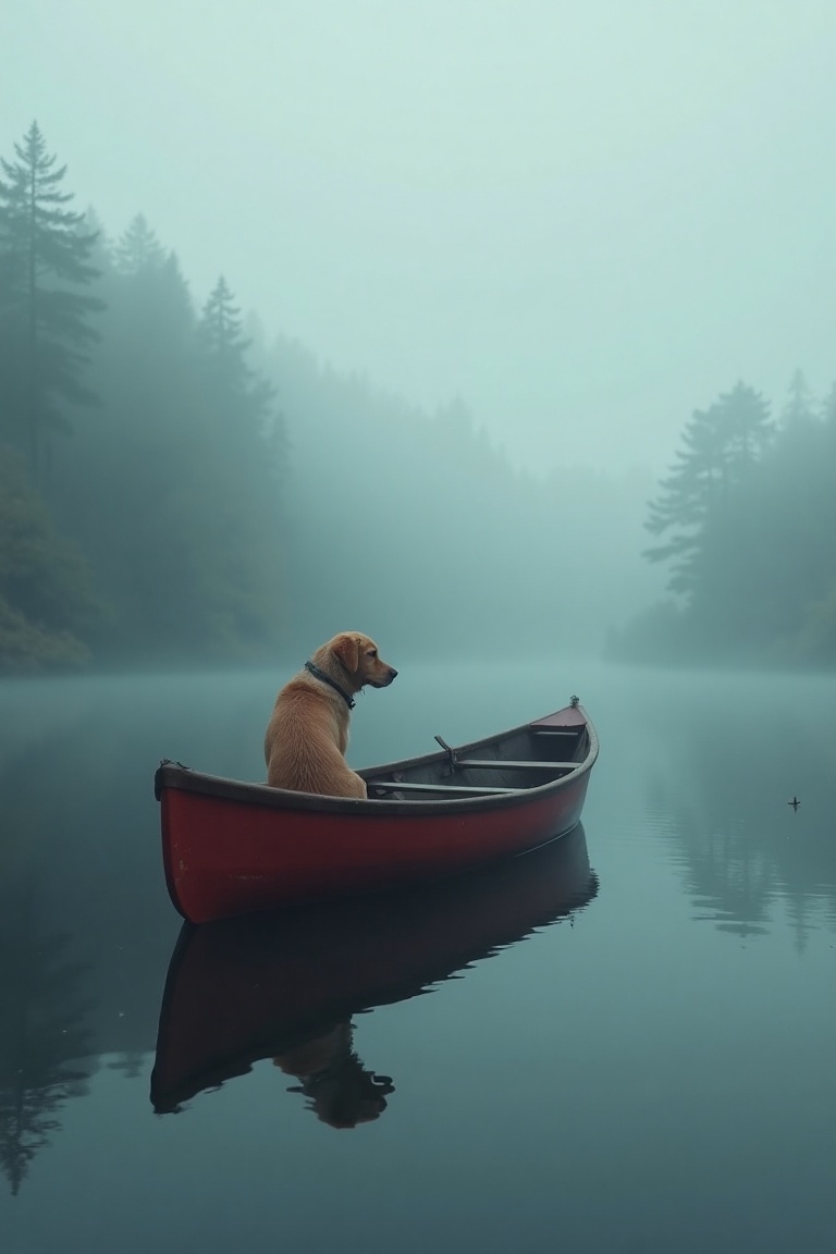 cinematicmain,  mist,  a rowboat. with a dog on it on a lake on Tensor.Art