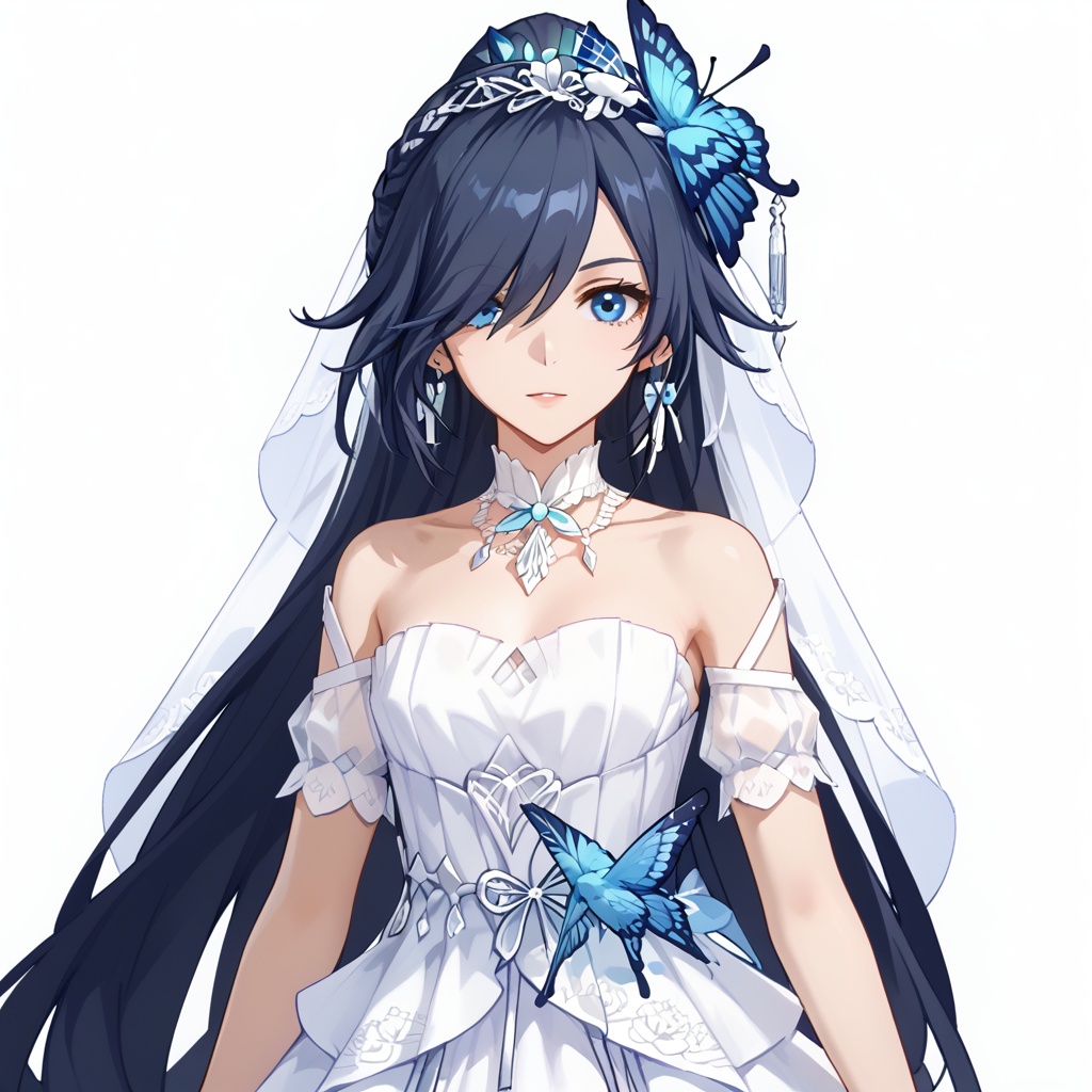 (white background:1.2),looking at viewer,(SOLO:1.4),outline,simple background,upper body, cowboy shot,looking at viewer,(((arms at side))),    fu hua qingniao,fu hua,long hair,ponytail,bangs, blue eyes,hair ornament,jewelry,earrings,hair over one eye,blue butterfly,armpits,striped,dress,collarbone,bare shoulders,off shoulder,hydrangea,skirt hold,feathers,single thighhigh,white footwear,flower,butterfly hair ornament,wedding dress,white dress,white legwear,<lora:青鸟_pony:0.8>