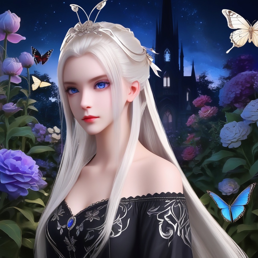 <lora:835-DA-XL-晏琉璃-婚服:0.8>, (masterpiece),(best quality),night,glowing eyes,gothic,long dress, 1 girl, solo, long white hair, blue eyes, detailed eyes, blink and youll miss it detail,butterfly, flower garden, high quality, floral background, very detailed,off shoulde