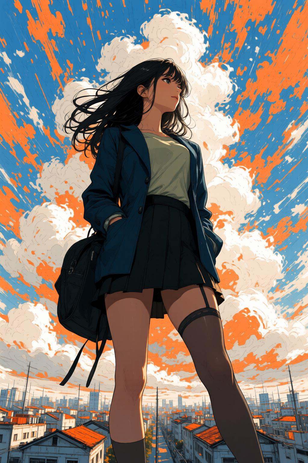 nijimix6q anime style illustration.A low-angle view of a high school girl with long,  flowing black hair,  standing confid...