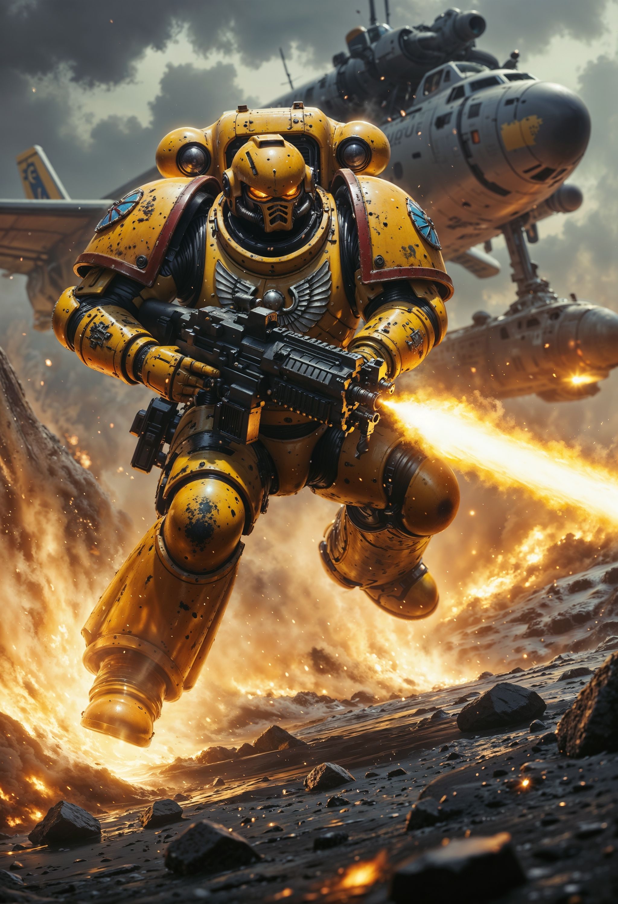 ImperialF40k,  large space marine jumping from a plane while holding a machine gun,  explosions in the background on Tenso...