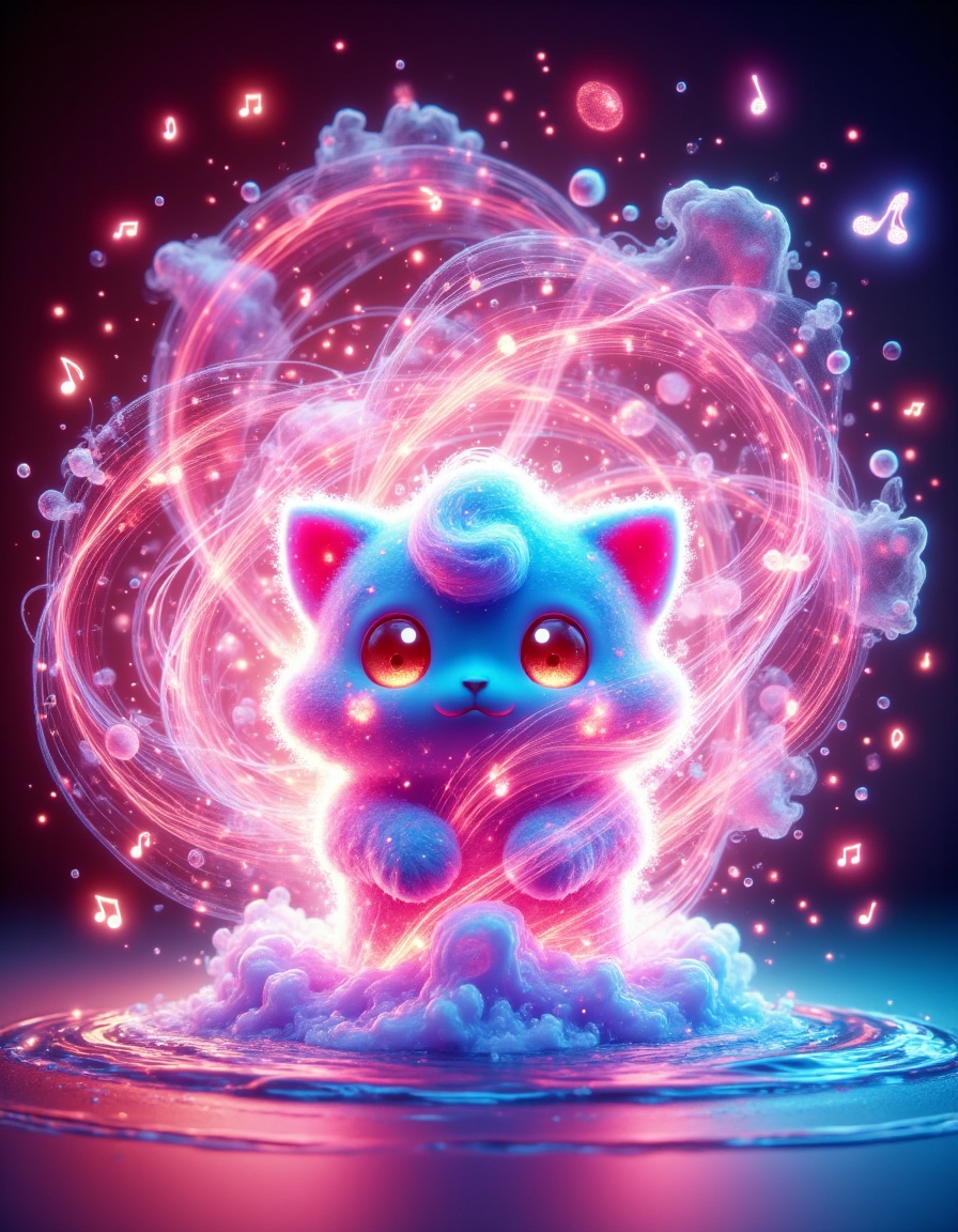 auralora,  the image features a jigglypuff. it is surrounded by an aura of water waves and music notes with intricate,  pi...