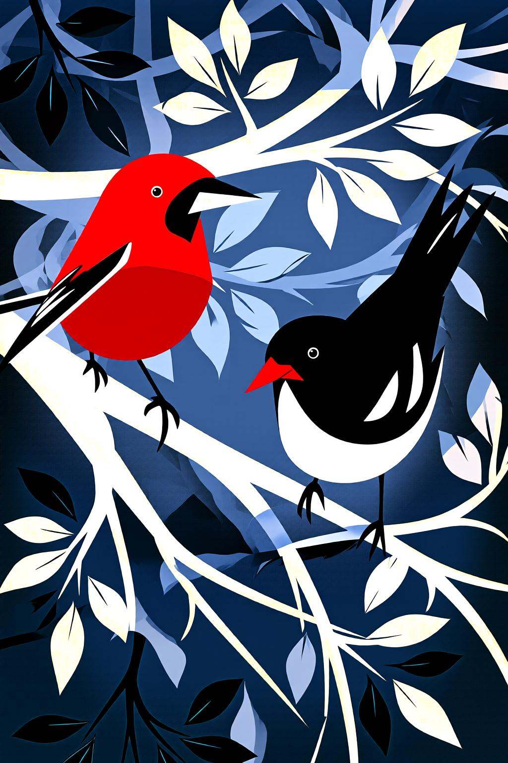 flatcolorvectorart2q illustration.Two birds are perched on branches. The bird on the left is red with a black beak and whi...