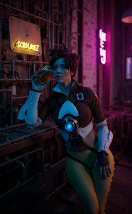 Tracer is a woman having a beer in a cyberpunk pub,  neon lights on Tensor.Art