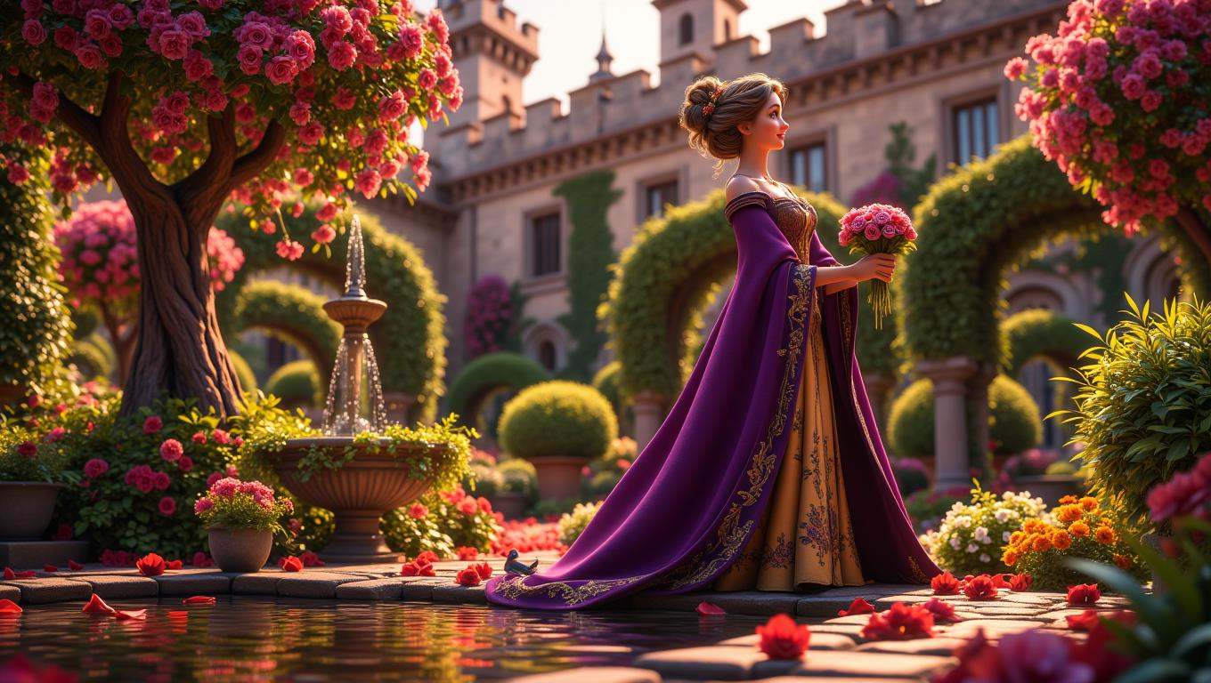 A noblewoman,  adorned in a flowing gown of deep purple and gold,  strolls through a lush castle garden. She holds a small...
