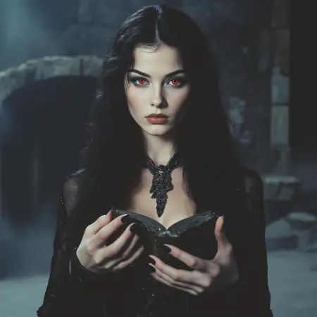 ArsMovieStill,  80s Fantasy Movie Still,  The image is a portrait of a woman with long dark hair and red eyes. She is wear...