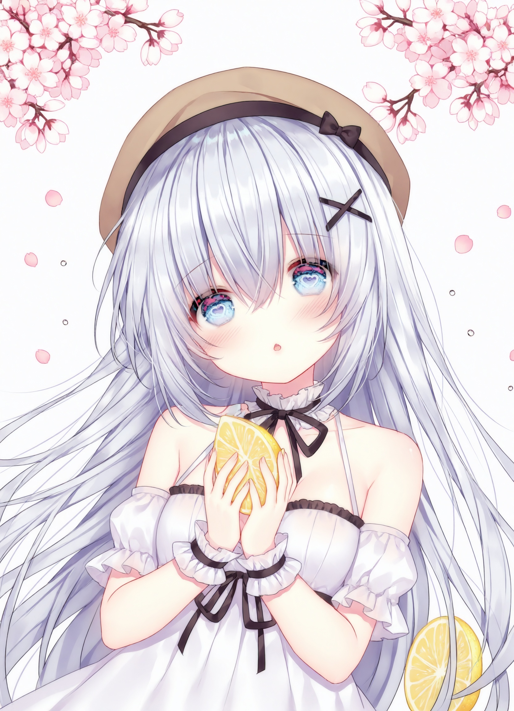 masterpiece, best_quality,high_quality,guo jiang mullay, loli,heart-shaped eyes,chen bin,,1girl, bare_shoulders, blue_eyes, blush, branch, breasts, brown_hat, cherry_blossoms, cleavage, commentary, dress, english_commentary, food, fruit, hair_between_eyes, hair_ornament, hairclip, hat, head_tilt, highres, holding, holding_food, lemon, lemon_slice, long_hair, looking_at_viewer, medium_breasts, onineko, original, parted_lips, ribbon, see-through, silver_hair, solo, strapless, strapless_dress, transparent, very_long_hair, water_drop, white_background, white_dress, wrist_cuffs, x_hair_ornament, yellow_ribbon<lora:guo_jiang-R2-lokr-f4:0.85>