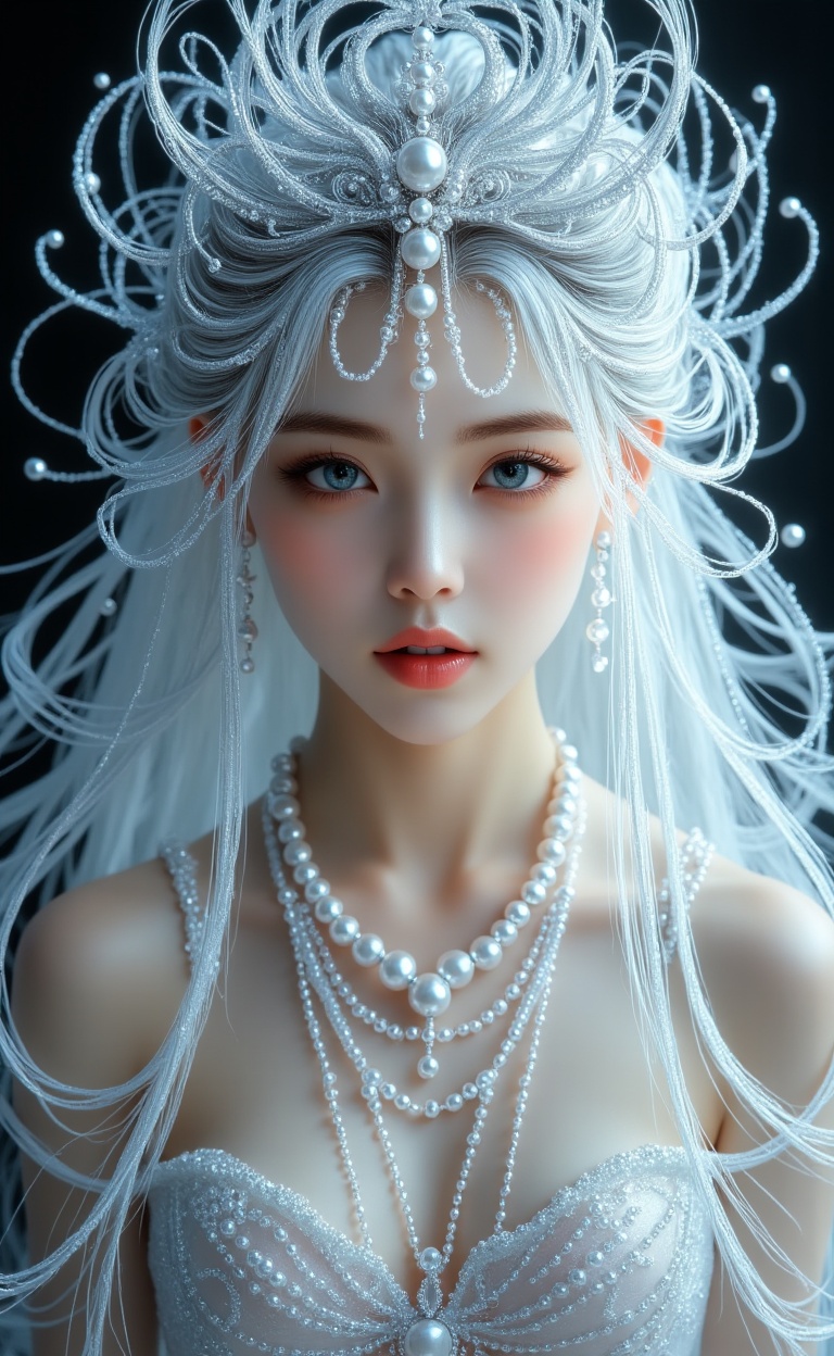 miluo_bx, This is a highly detailed digital artwork in a realistic, fantasy style. The subject is a young, ethereal woman with pale, porcelain skin and striking blue eyes. Her delicate facial features include full lips and high cheekbones. She has long, flowing silver hair adorned with intricate, sparkling decorations that resemble ice or snow, creating a shimmering, otherworldly effect.Her attire is minimalistic, consisting of a delicate, beaded necklace that matches the icy theme of her hair. The beads are small and reflective, adding to the luminous quality of the image. She wears a crown-like headpiece made of silver and adorned with pearls, which enhance the regal and mystical appearance. The background is dark and abstract, allowing the luminous elements of her hair and jewelry to stand out prominently.The texture of her hair and the beads appears silky and smooth, with a glossy finish. The lighting in the image is soft but radiant, highlighting the contours of her face and the intricate details of her accessories. This artwork combines elements of fantasy and realism, creating a captivating and surreal visual experience..<lora:米洛-冰雪奇缘-flux-12.7:1>