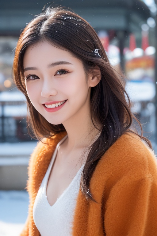 ((((8 thousand))),((Really meticulous CG)) ,(wallpaper),16,000,((Incredibly stylish and beautiful)),(((masterpiece))),(((best quality))),(((초high resolution))),A beautiful light came on,perfect lightning,Realistic Shading,[high resolution],(Smooth, flawless, fair skin:1.5), Very exquisite facial details, Ultra-detailed,Beautiful girl,alone,small head, small face,exquisite makeup,(:1.1),flat box,slim,thin,happy,(laugh:1.2), (orange fur coat:1.3), clavicle, split,(slim 다리:1.2), (Daytime Scene:1.5),at the amusement park,outdoor,blur,(detailed background:1.5),snow landscape,snowfall,upper body, big bust, sagging breasts,,