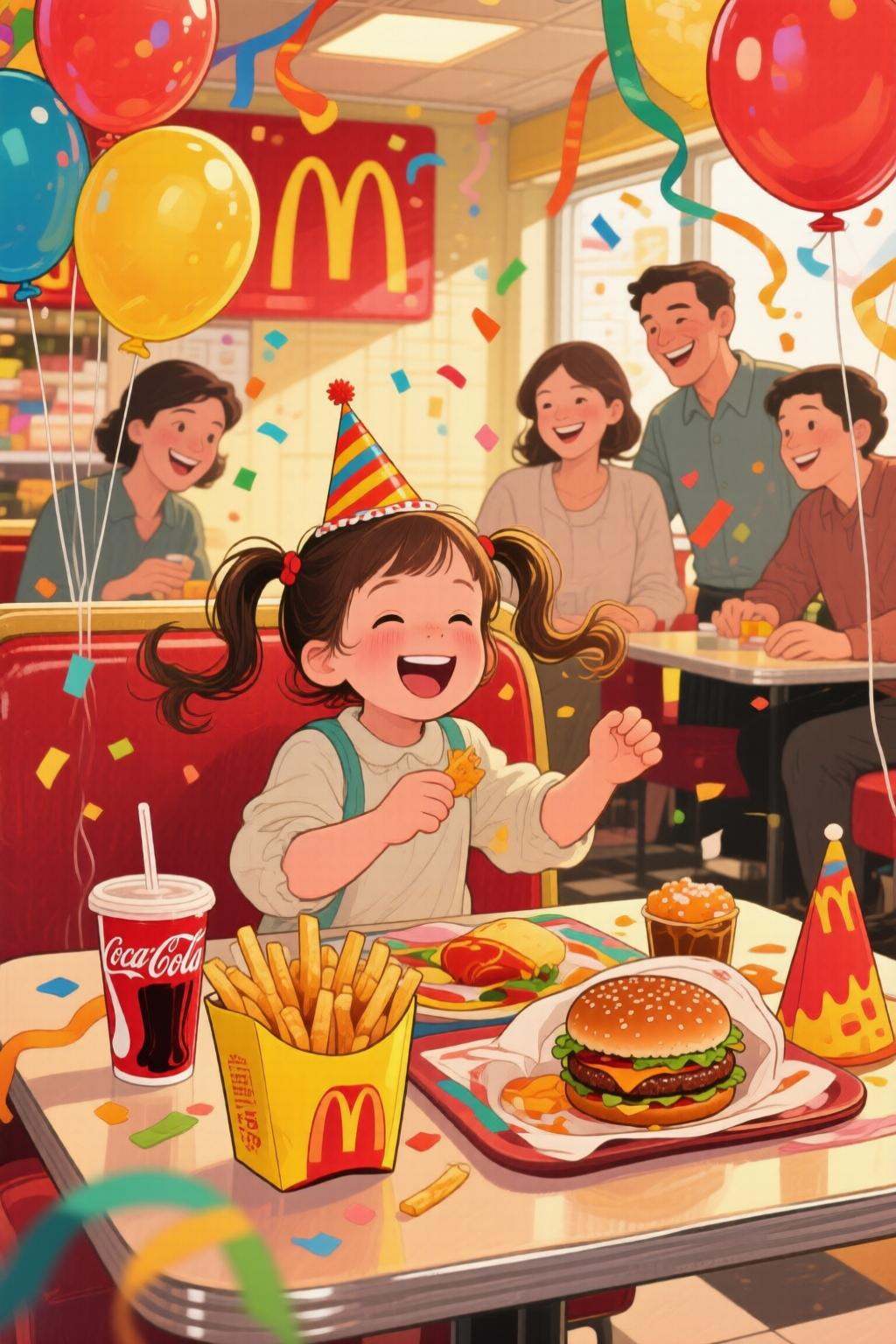 elizabethshippengreen2q illustration.A four-year-old girl with twin pigtails is celebrating her birthday at McDonald's,  a...