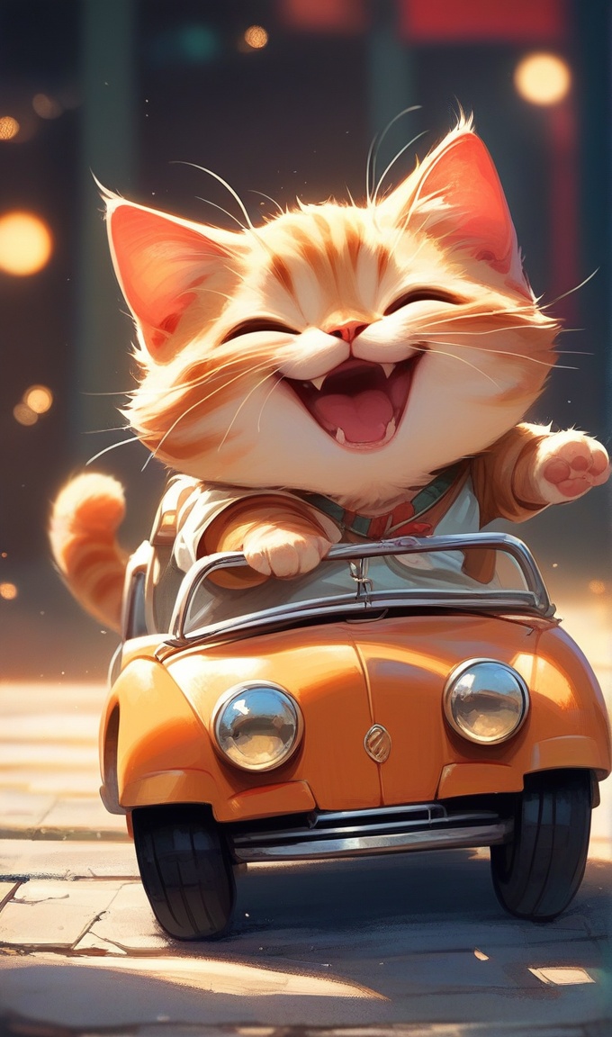 chibi,cat, orange cat, no humans, ground vehicle, closed eyes, open mouth, fangs, animal, motor vehicle, animal focus, smile, whiskers, facing viewer, solo,dark tone,score_9,score_8_up,score_7_up,intricate details,solo,<lora:cute cat:0.7>,