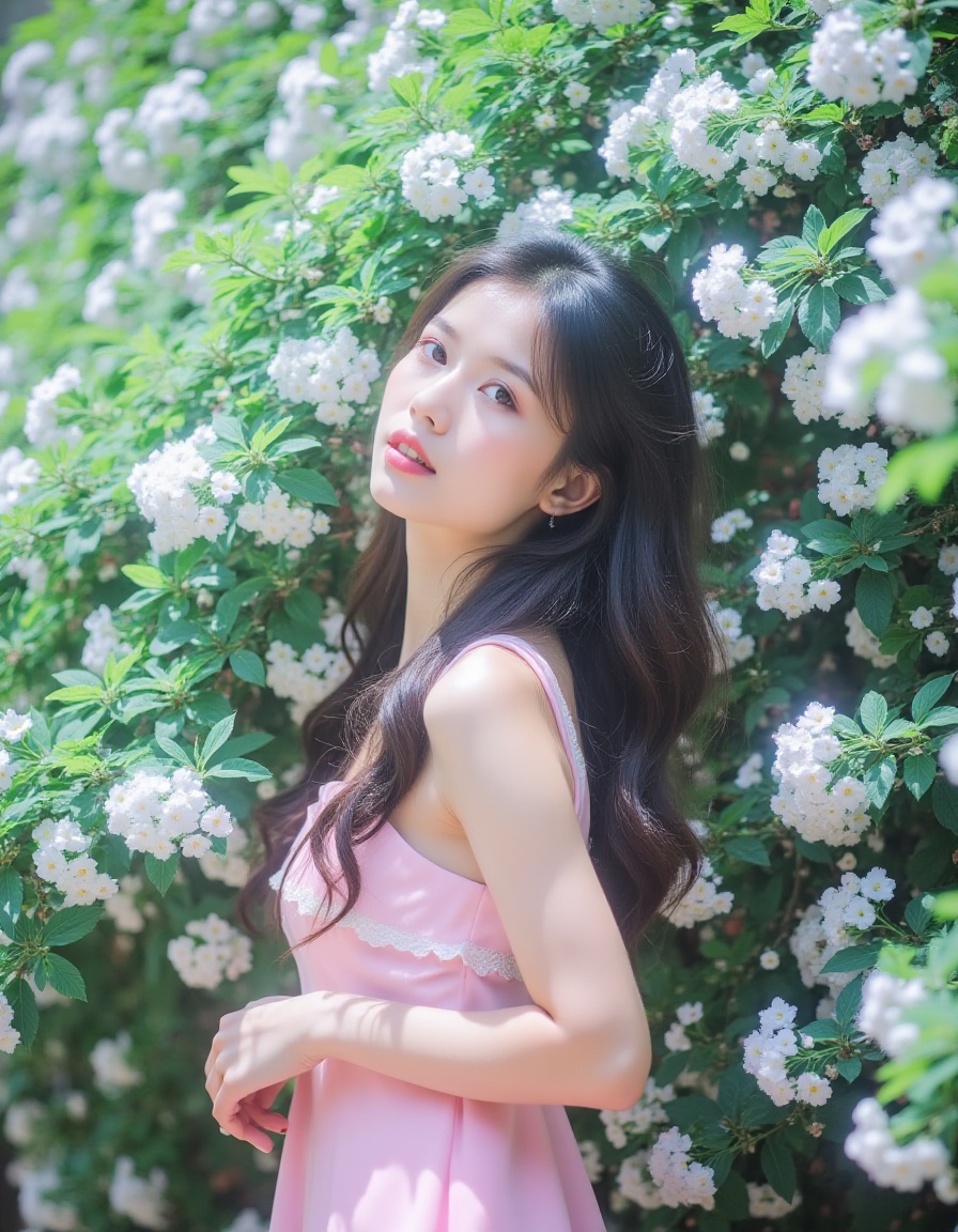 <lora:huajishaonv:1>,huaji,Captured at eye-level,a collage of a woman in a pink dress stands in front of a tree filled with white flowers. Her hair is long and wavy,The background is blurred,